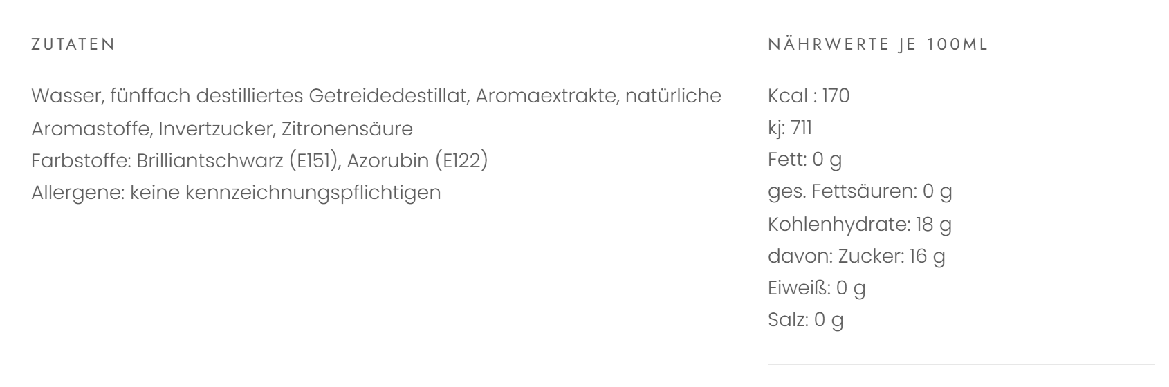 Zutaten und Nährwerte auf der Produktseite: Getreidedestillat, Aromaextrakte, Farbstoffe E151 und E122, 16 g Zucker je 100 ml.