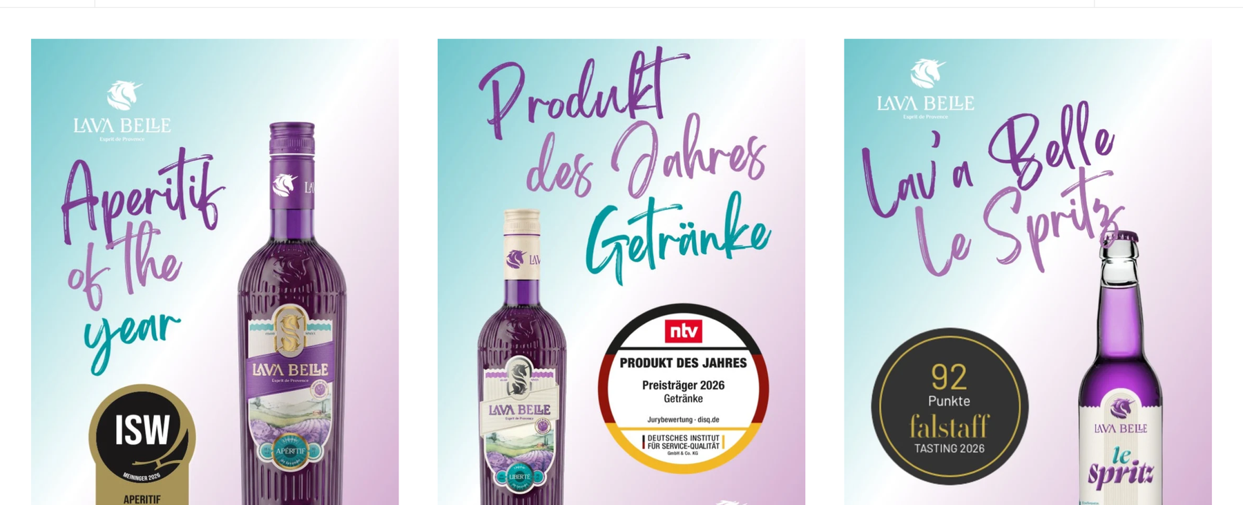Produktübersicht auf lavabelle.de mit den Siegeln: ISW für den Apéritif, „Produkt des Jahres“ für Liberté, Falstaff 92 für Le Spritz.