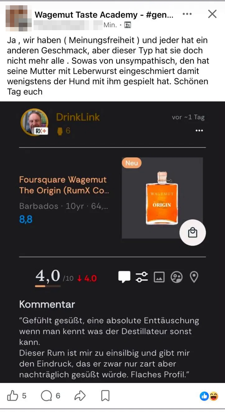 Screenshot des Gruppenbeitrags in der Wagemut Taste Academy mit der RumX-Bewertung 4,0, Namen und Profilbilder unkenntlich