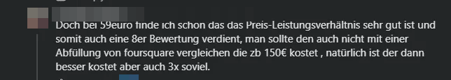 Screenshot des Kommentars zum Vergleich mit einer 150-Euro-Abfüllung, Namen unkenntlich